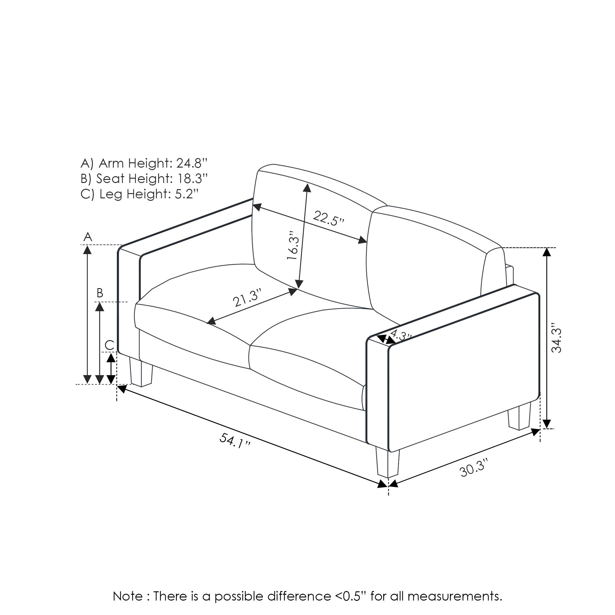 Furinno Bayonne Modern Upholstered Loveseat/Sofa Couch For Living Room, Gunmetal
